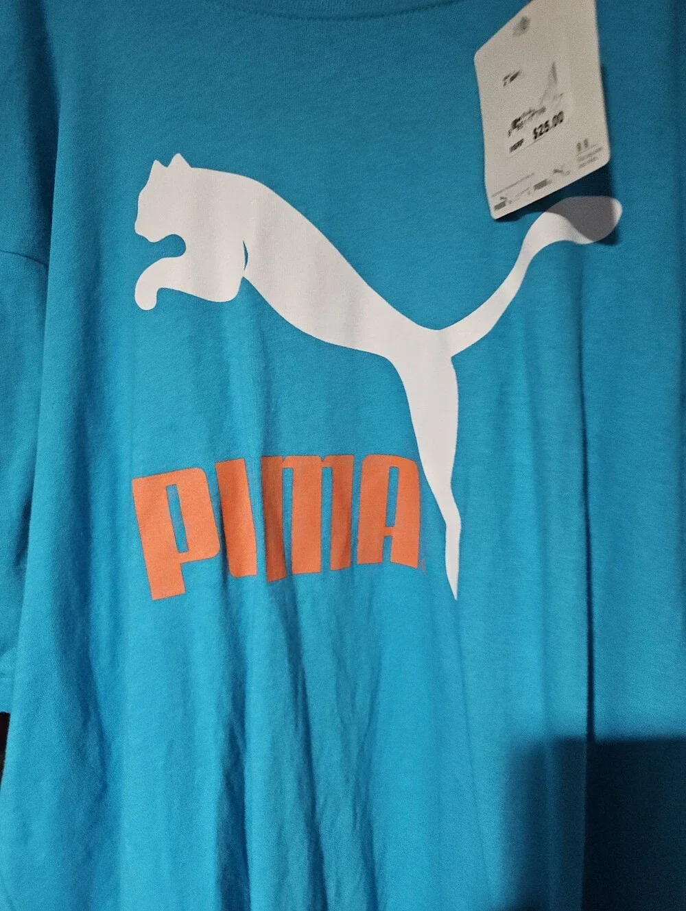 Puma Teal Tee with White Puma Logo and Orange Wordmark